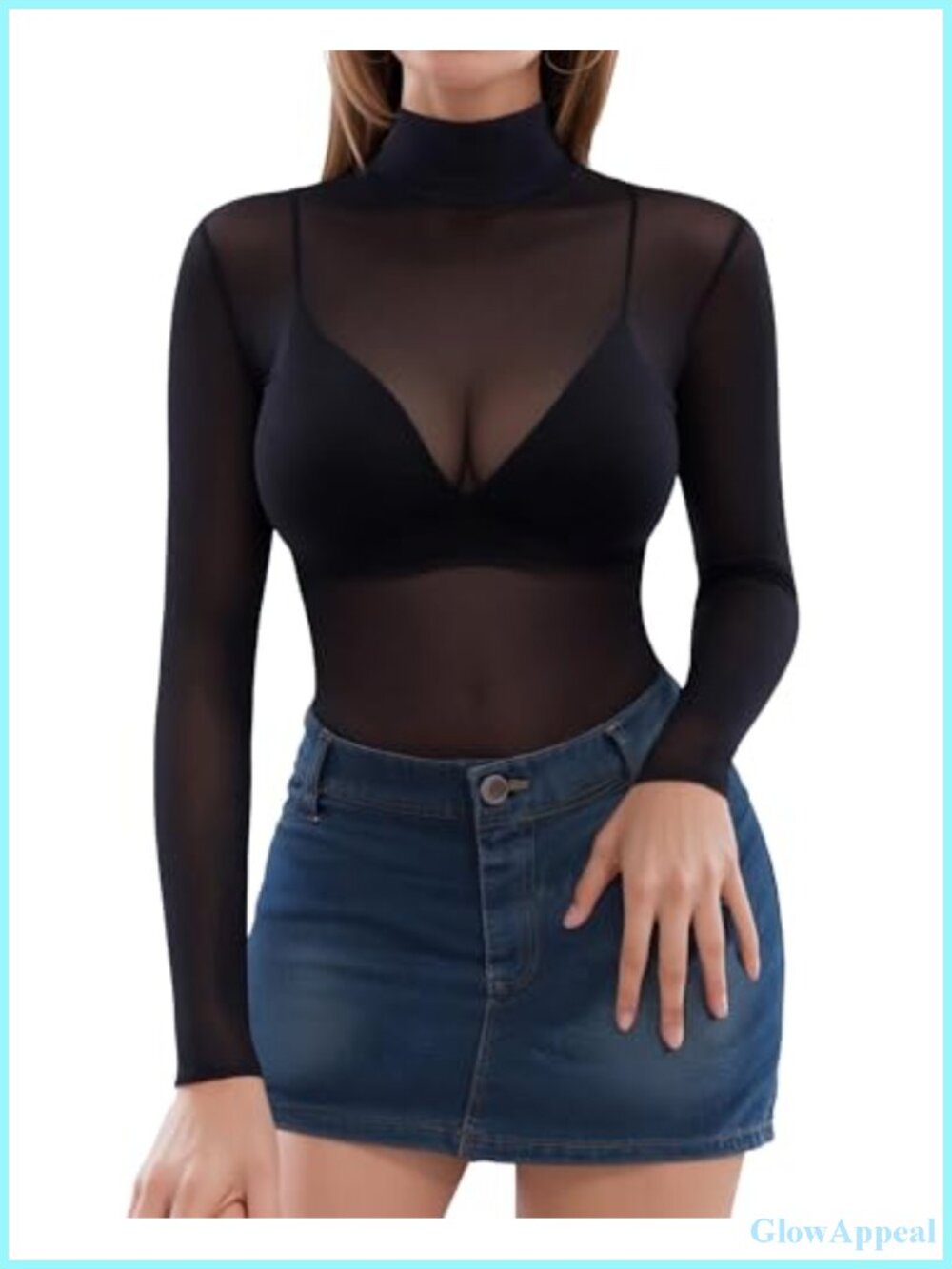MANGOPOP Women's Mesh Top Long Sleeve See Through Mock Neck Blouse